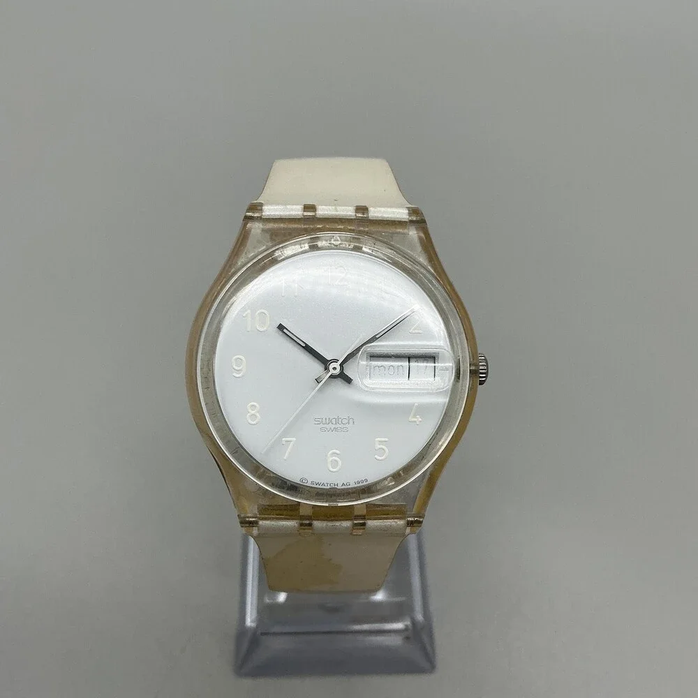 Vintage Swatch Mens Watch 34mm GK733 Case White Day Date New Battery